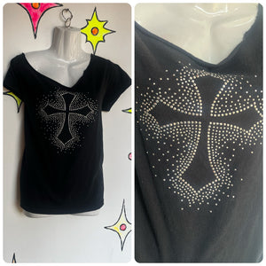 Vintage 90s Y2K | Goth Grunge Fairy Bedazzled Cross Tee Bling T Shirt | L