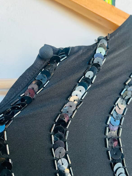 Vintage 80s 90s Black Whimsy Goth Glam Party Silk Sequin Blouse Fairy Grunge