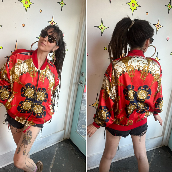 Vintage 80s Red Baroque Bomber Jacket Regal Scarf Print Statement Coat XL+