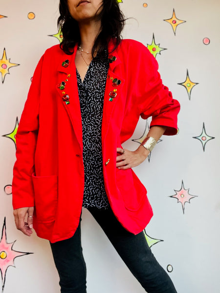 Vintage 80s Cherry Red Christmas Holiday Party Blazer - Glam Bedazzled - XL+