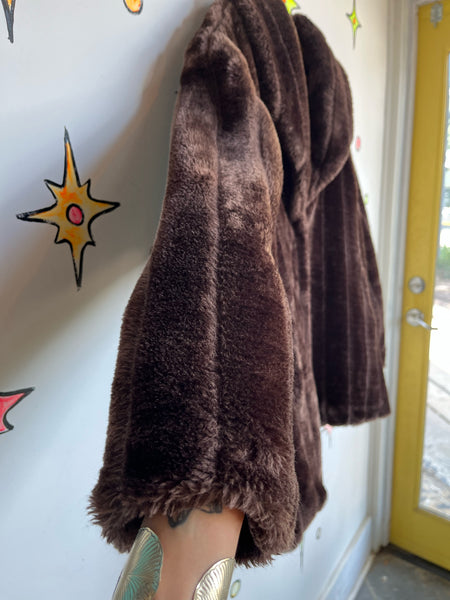 Vintage 70s 80s Y2K Brown Faux Fur Vegan Glam Mob Wife Pinup Boho Grunge Coat X+