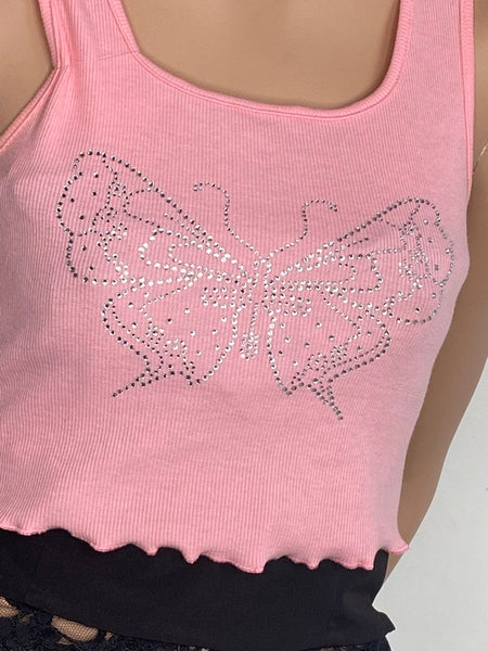 Y2K Pastel Pink Rhinestone Butterfly Top McBling Baby Tee Fairy Grunge S