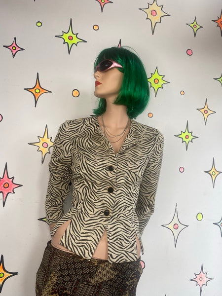 Vintage 90s Zebra Print Blazer Leslie Fay Vegan Animal Print Office Siren Glam - S