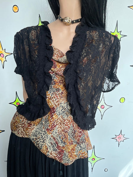 Black Lace Shrug Blouse Romantic Fairy Grunge Gothic Top Boudoir Sheer Cardigan