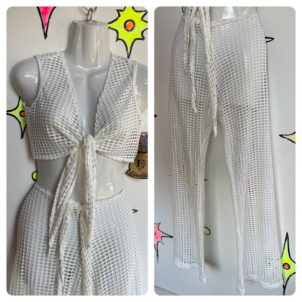 Vintage 90s | Deadstock White Mesh Halter and Low Rise Flares 2 Piece Set | S