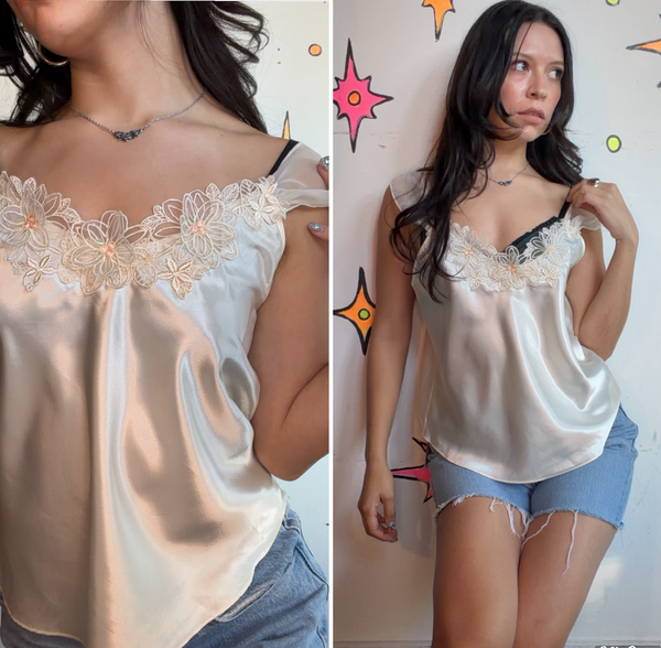 White Satin Lace Cami Y2K Lingerie As Outerwear Coquette Fairy Grunge Slip Top M