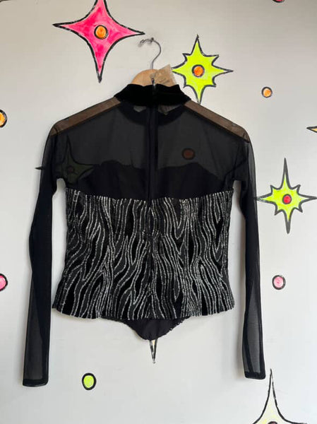 Vintage 90s Joseph Ribkoff Black Mesh Top Silver Zebra Stripe Velvet Burnout S