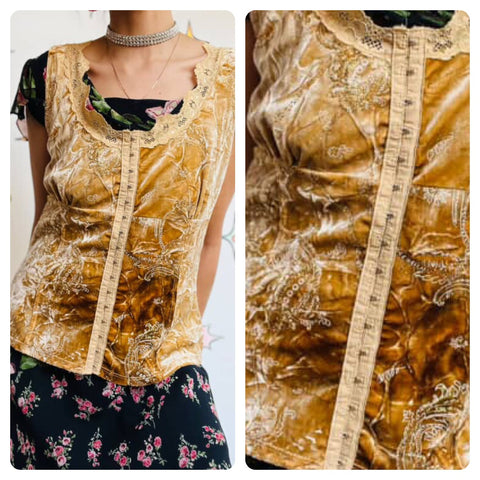 90s Velvet Gold Glitter Corset Top - Boho Paisley Whimsy Goth Fairy Grunge XL
