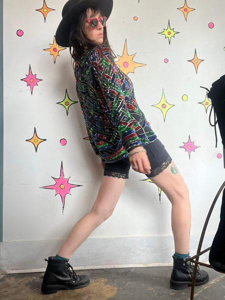 80s Rainbow Beaded Silk Top Art Deco Glam Disco Luxe Vegas Party Blouse S/M