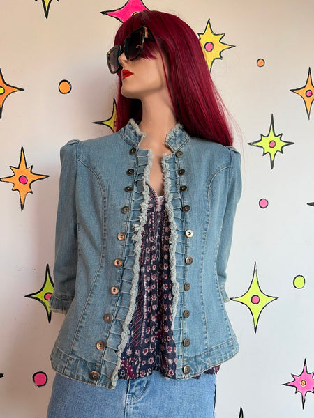 Y2K Denim Military Jacket Soft Grunge Ruffled Utility Blazer Fairy Coquette S