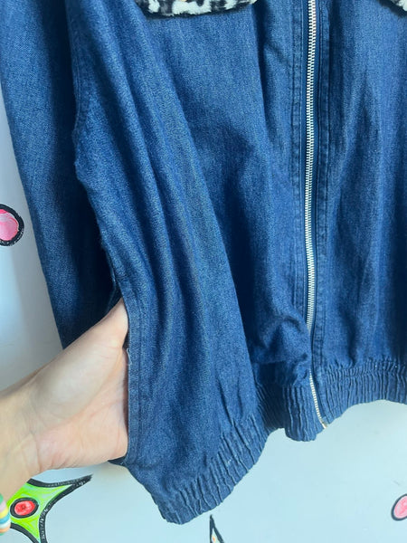 80s Denim Jacket with Leopard Trim | Boho Grunge Studded Jean Jacket – L