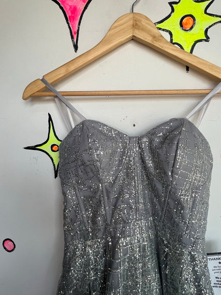 90s Blondie Nites Strapless Silver Glitter Cupcake Prom Dress Y2K Fit & Flare XS