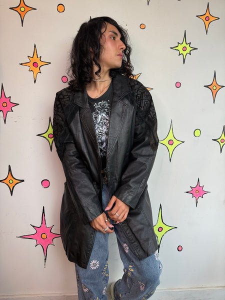 Black Leather Trench Coat 80s Patchwork Dolman Goth Moto Jacket Statement M