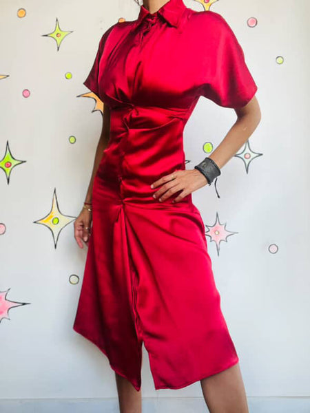 Y2K Cherry Red Silky Shirt Dress - Copycat Miu Miu Style - Small