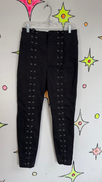 Black Lace Up Pants Western Goth Statement High Rise Sexy Rocker Trousers Sz 10