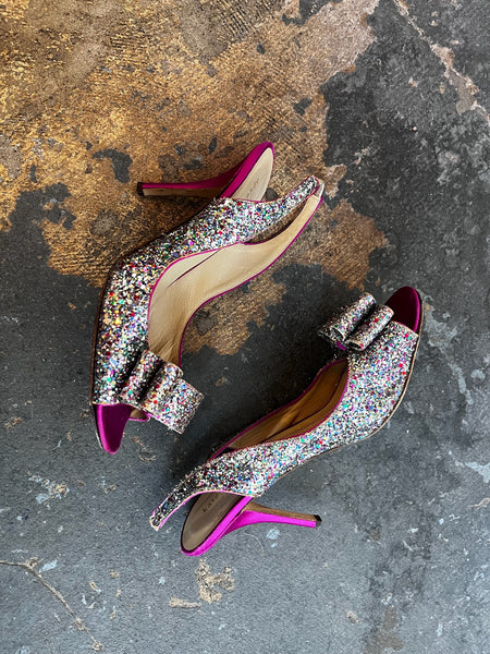 Kate Spade Glitter Peep Toe Heels – Coquette Y2K Sparkly Silver Glam Pumps – 9