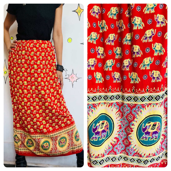 Vintage Red Boho Grunge Exotic Elephant Print Maxi Skirt - Back Slit - Small