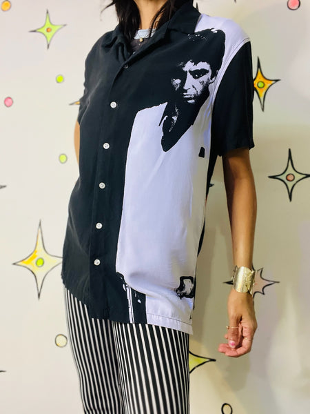Scarface Tony Montana Graphic Button-Up Black & White Cult Film Shirt | Men’s S