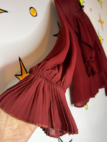 Vintage Y2K Burgundy Romantic Ruffled Victorian Revival Goth Secretary Blouse S