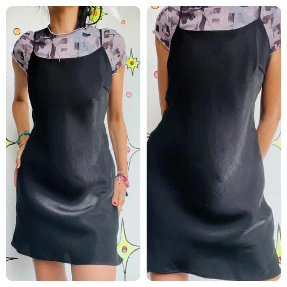 Y2K Iridescent Black Slip Dress – Silver Sheen Mini LBD – Adjustable Straps – SM