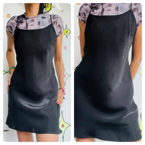 Y2K Iridescent Black Slip Dress – Silver Sheen Mini LBD – Adjustable Straps – SM