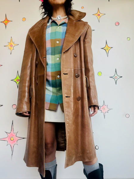 Vintage 70s Brown Leather Coat | Long Trench-Style Jacket | Worn-In Patina ML