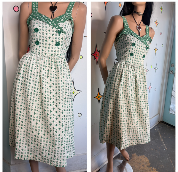 1950s Green Irish Novelty Dress Lucky Horseshoe Print Fit & Flare Pin Up - M