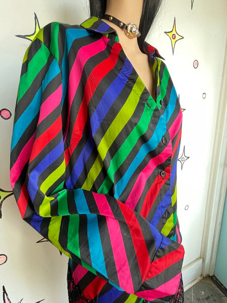 Rainbow Striped Button Up Shirt – Rainbowcore Fairy Grunge Boho Pride Top L/XL