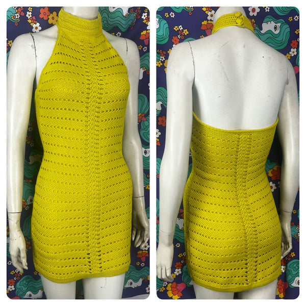 Retro 90s does 60s 70s | Lime MOD GoGo Crochet Knit Mini dress | Small