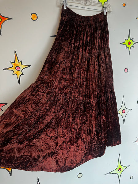 Vintage 90s Y2K Brown Crushed Velvet Boho Tier Maxi Skirt Fairy Grunge One Size