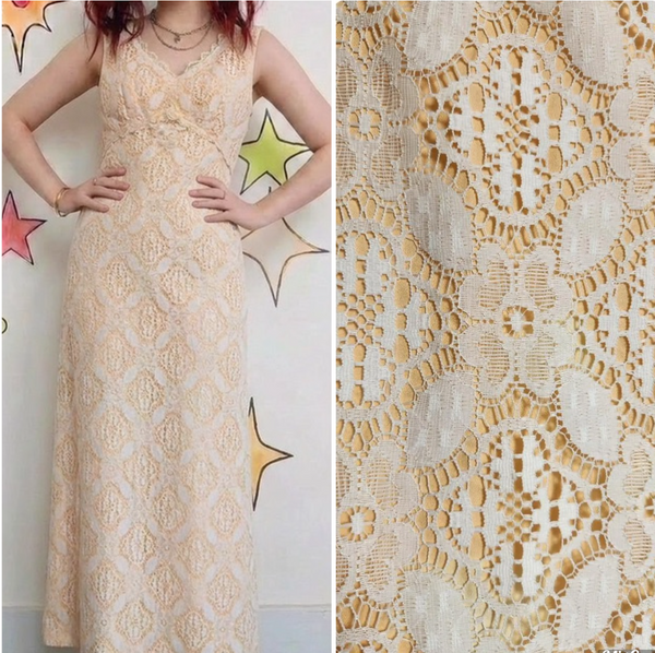 Vintage 1960s 70s | Peach and White Lace Maxi Dress | Small 6