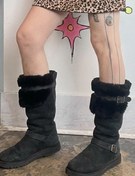 Y2K UGG Australia Sheepskin Genuine Leather Classic Black Winter Boots US 7