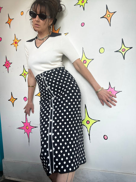 Retro 90s Black & White Polka Dot Dagger Collar Midi Dress 60s 70s Mod Knit M