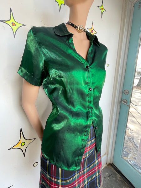 Emerald Metallic Button Up Shirt - 90s Vintage Fairy Grunge Cyber Party Top M/L