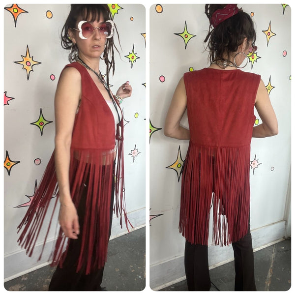Red Vegan Suede Fringe Vest Western Glam Boho Grunge Festival Vest Cowgirl M
