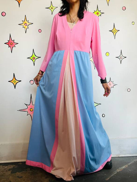 Vintage 60s 70s Vanity Fair Pink Blue Nylon Nighty Robe | Babydoll Grunge | 16