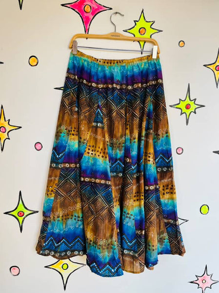 90s Y2K Rainbow – Chicos Tie-Dye Fairy Boho Grunge Cotton Silk Maxi Skirt – M