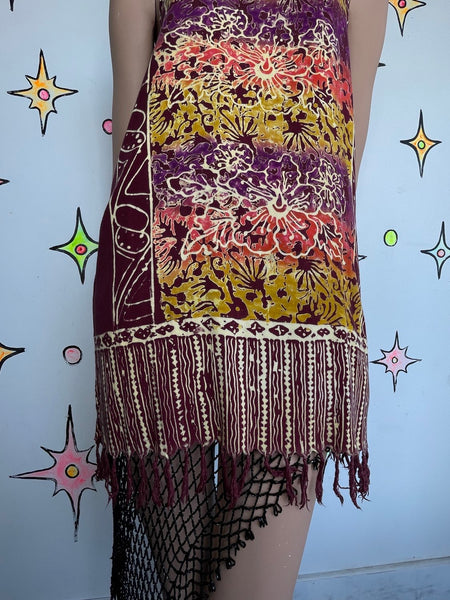 Hawaiian Summer Fringe Mini Dress Boho Grunge Tie Dye Western Cotton Festival ML