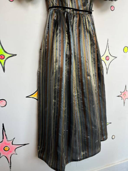 Vintage 80s Silver & Gold Poofy Princess Party Glam Prom Dress w Velvet Belt – S