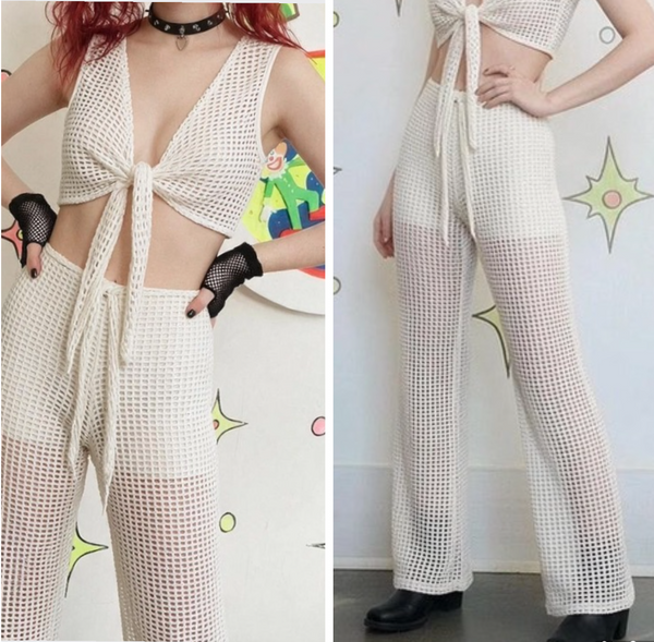 Vintage 90s | Deadstock White Mesh Halter and Low Rise Flares 2 Piece Set | S