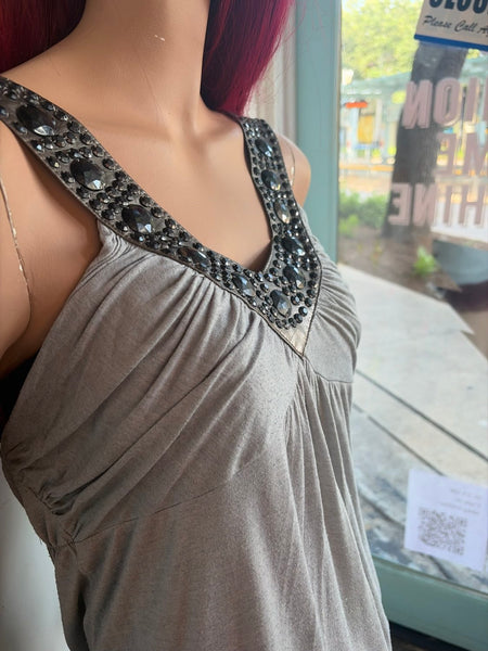 Y2K Silver Embellished Tank Top | McBling Fairy Grunge Glam Stretch Cami M