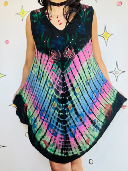 Vintage Black & Rainbow Grunge Fairy Boho Festival Mini Dress | Size M/L