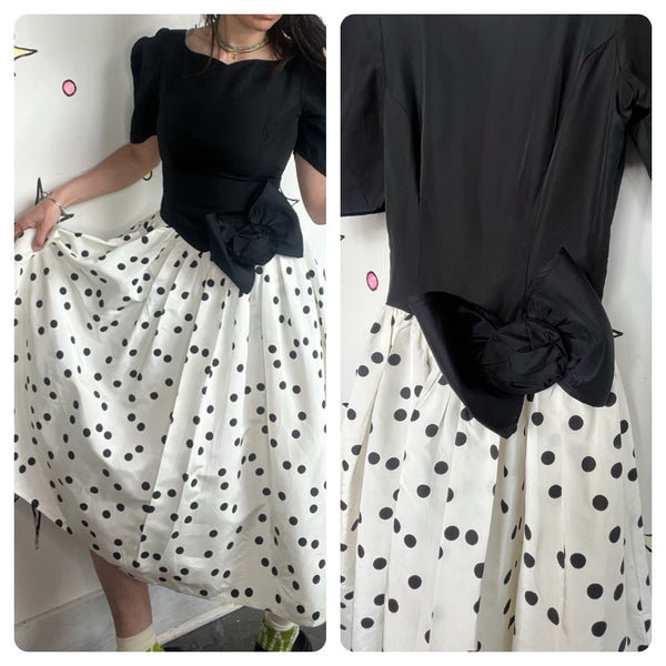 Gunne Sax 80s Party Cupcake Dress Black and White Polka Dot Poofy Crinoline S