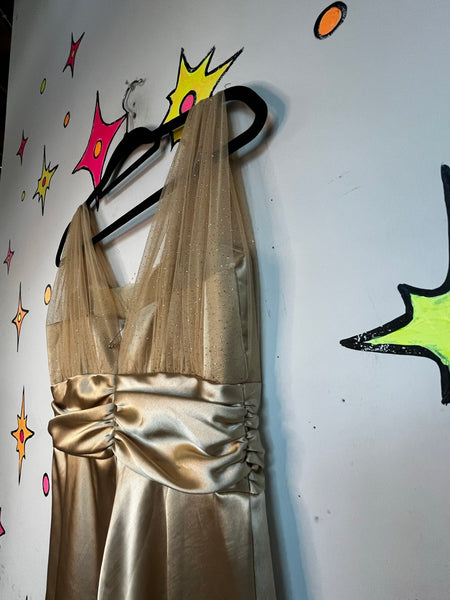 Vintage 90s Gold Glitter Satin Metallic Glam Midi Dress Cocktail Party Dress M