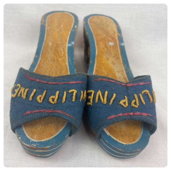 Vintage 1940s Hand Carved Painted Wooden Platform Heels Philippines Folk Art - 6