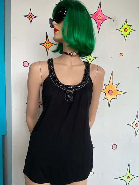 Y2K Black Silk Beaded Top Dana Buchman Whimsy Goth Fairy Glam Minimalist S