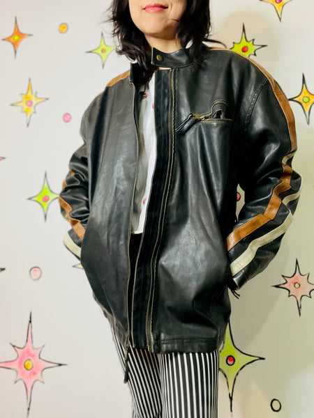 Vintage Y2K Striped Moto Racing Jacket – Vegan Leather – Double Stripe – Large
