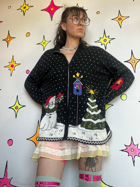 80s Quacker Factory Christmas Sweater Tacky Ugly Christmas Cat Snowman Tree M