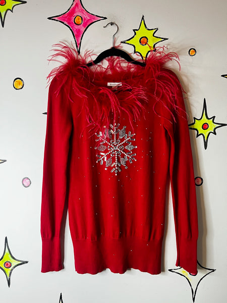 Vintage Y2K Red Ugly Christmas Sweater Snowflake Embellished Holiday Party - S