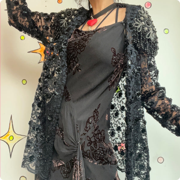 Vintage Black Fairy Grunge Babydoll Beaded Whimsy Goth Lace Duster Jacket Robe